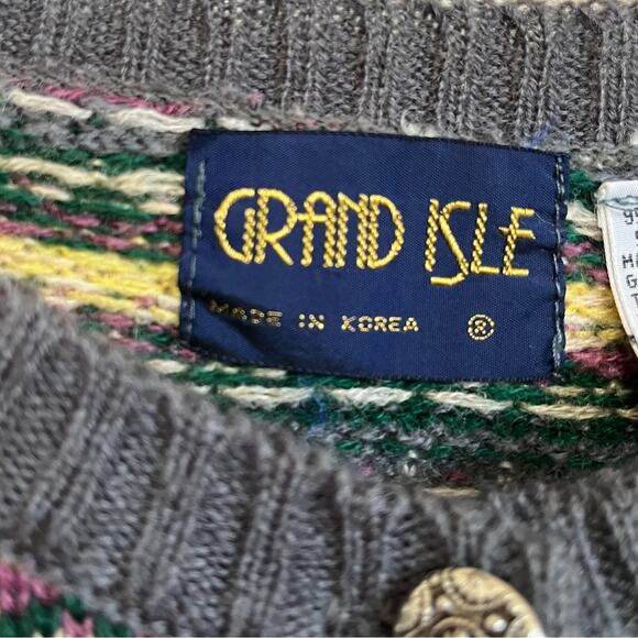 Vintage Grand Isle Nordic Womens Cardigan Sweater Size L Gray Fair Isle Cabin - Picture 6 of 7